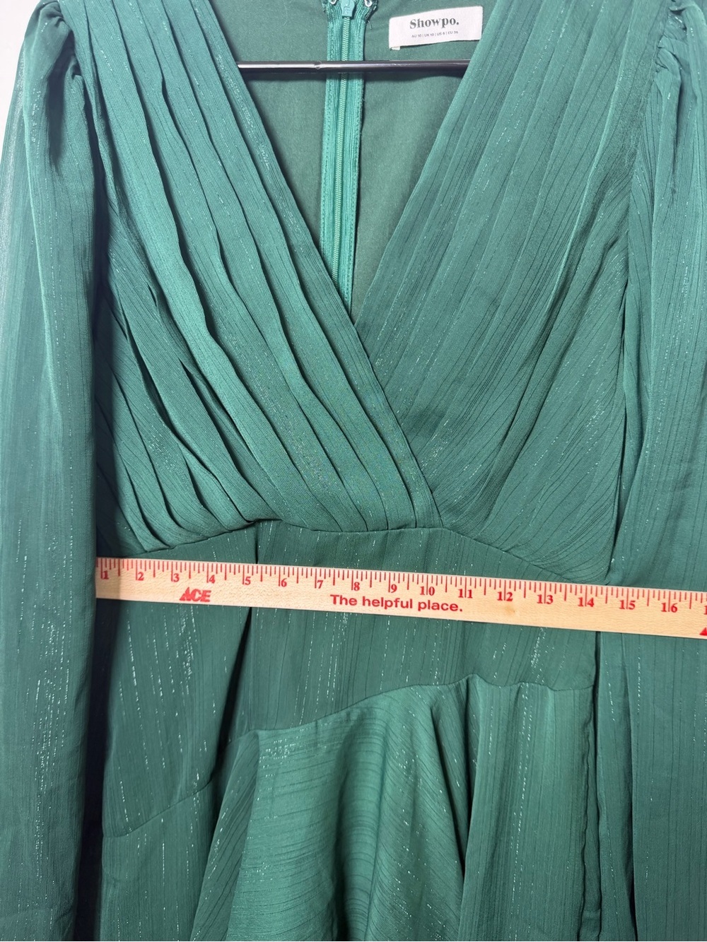 Showpo Green Sparkly High-Low Pleated Maxi Dress Wedding Guest Formal Size 6 - Picture 14 of 16